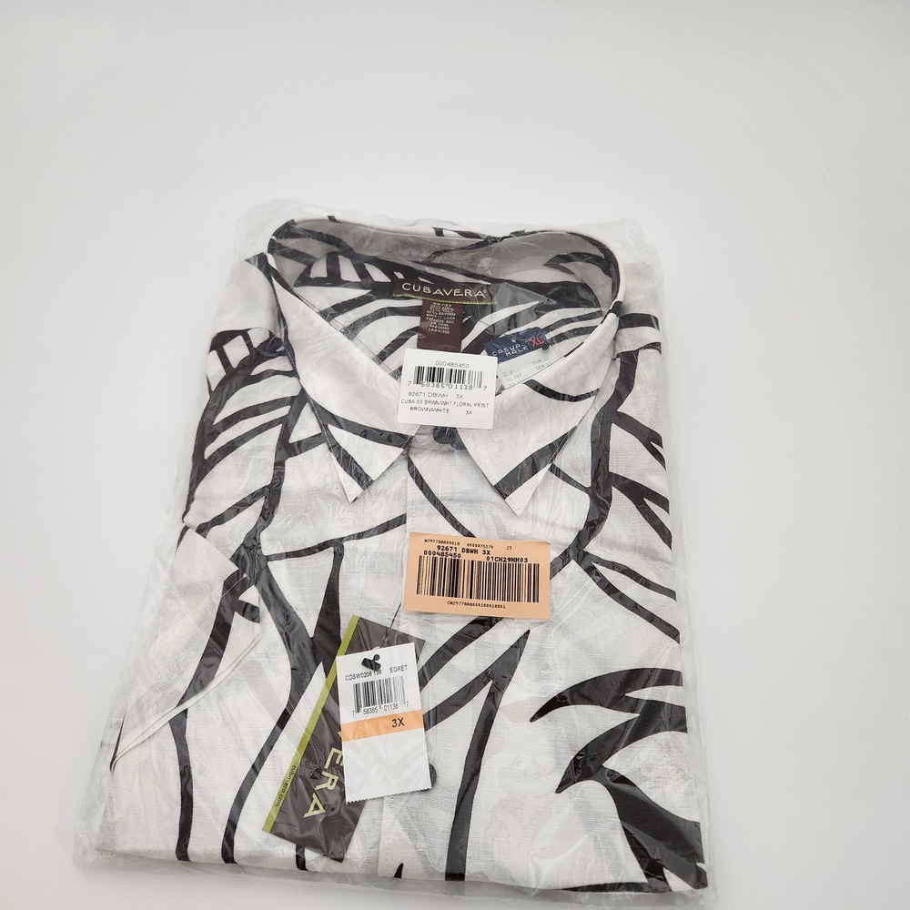 Cubavera Button Down Shirt Men 3X White Brown Leaf Print Linen Blend NWT